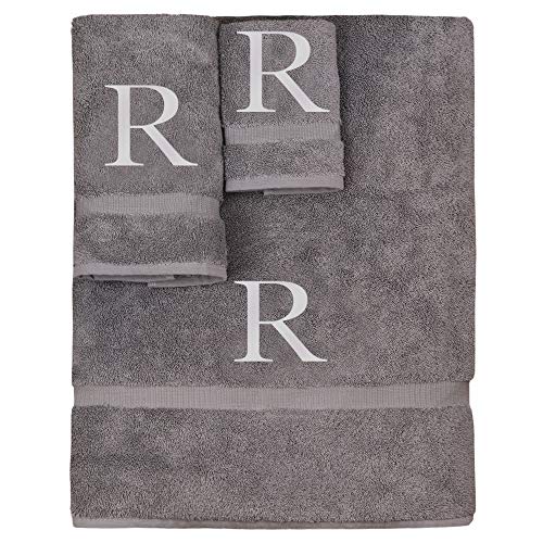 Monogrammed Towel Set, Personalized Gift, Set of 3- Silver Block Letter Embroidered Towel - Extra Absorbent 100% Turkish Cotton - Soft Terry Finish - Initial R Gray - color: Gray & Silver, size: Initial - R