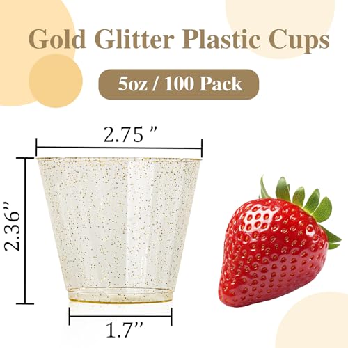 I00000 5oz 100 Pack Gold Glitter Plastic Cups, Glitter Disposable Small Plastic Cups, Disposable Clear Cup with Gold Glitter Shot Glasses, Small Tumbler Perfect for Wedding & Party - color: Glitter-5oz-100