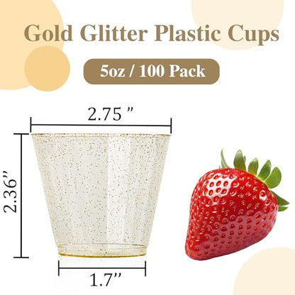 I00000 5oz 100 Pack Gold Glitter Plastic Cups, Glitter Disposable Small Plastic Cups, Disposable Clear Cup with Gold Glitter Shot Glasses, Small Tumbler Perfect for Wedding & Party - color: Glitter-5oz-100