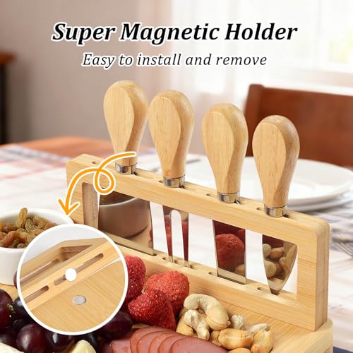 Bamboo Charcuterie Board Set with 4 Cheese Knives, Serving Platter | 1 Drawers, 4 stainless steel cheese knives, serving platter. Perfect for parties, weddings, entertaining, housewarming gift. - size: 18" x 13" x 1.3"