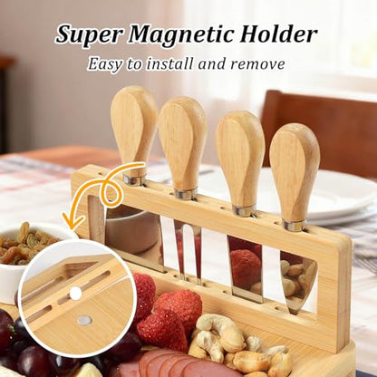 Bamboo Charcuterie Board Set with 4 Cheese Knives, Serving Platter | 1 Drawers, 4 stainless steel cheese knives, serving platter. Perfect for parties, weddings, entertaining, housewarming gift. - size: 18" x 13" x 1.3"