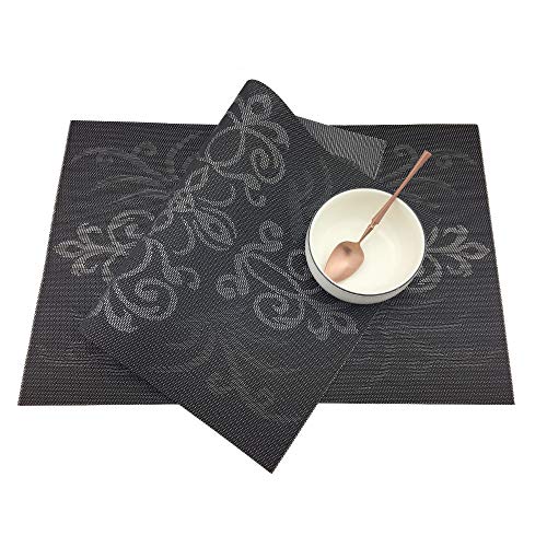 Luxury Black Placemats Set of 6 Crossweave Woven Vinyl Placemat for Dining Table Heat Resistant Non-Slip Kitchen Table Mats Easy to Clean - color: Symmetry-black
