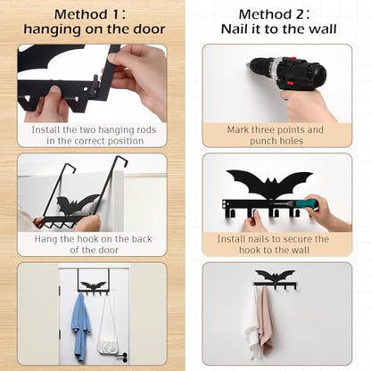 Reallnaive Gothic Bat Over The Door Hooks Goth Bathroom Decor Creepy Hanger Wall Mount Rack Holder for Towel, Hat, Coat, Cloth, Keychain, Bag, Home Organizer - style: Bat