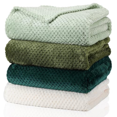 Newwiee 4 Pcs Fleece Throw Blanket, 3D Waffle Textured,Gradient Green | Soft Lightweight Set for Couch Bed Sofa, Warm Winter Throws, No Shedding Pilling, Flannel Waffle Texture, 50x60 Inch - color: Gradient Green