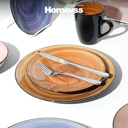 HomeVss, Sonoma 16pc Stoneware Dinnerware Set, Outside Black + Inside Hand Painting Combi Colors of Cobalt, Mocha, Rose and Spice with Speckle - color: Combi Cobalt, Mocha, Rose and Spice