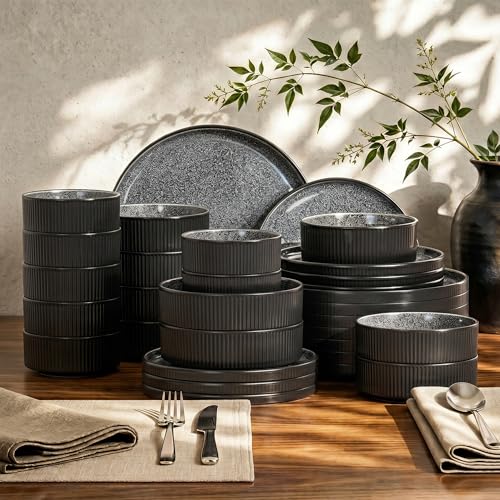 Kitchen Academy Fluted Ceramic Dinnerware Sets for 8, 32 Pieces Non Toxic Stoneware Plates and Bowls Sets, Scratch Resistant Dish Set, Oven & Microwave & Dishwasher Safe, Black - color: Black, size: Service for 8-32Pcs