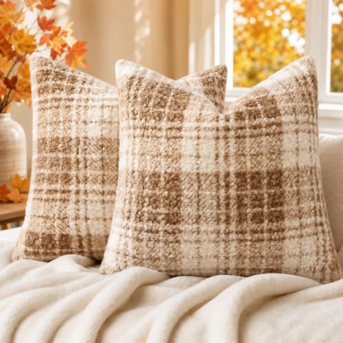 decorUhome Faux Fur Plaid Throw Pillow Covers 16X16 Set of 2 Khaki Brown | Boucle Check Fur Pillow Covers, Decorative Sherpa Boho Fuzzy Soft Farmhouse Pillow cases for Couch Sofa Bed Living Room - color: Plaid-khaki, size: 16" x 16" (Pack of 2)