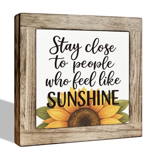 Farmhouse Sunflower Wooden Box Sign - Rustic Country Sunshine Quote Plaque, Inspirational Wooden Block Decor for Home Office Shelf Desk Decor 5.9x5.9 Inches - color: Summer 01