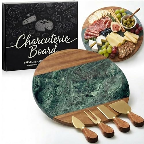 Green Marble Cutting Board Marble and Wood Charcuterie Board Gift Set House Warming Gifts New Home with Cheese Knives Acacia Cheese Platter with Handle for Valentine's Day Wedding Party Gift(Round) - style: Round