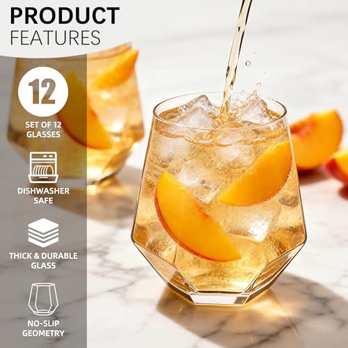 UMEIED 11 oz Diamond Wine Glasses Set of 12, Stemless Geometric Tumblers | For Red Wine, Bourbon, Cocktail, Heavy Base Clear Glass, For Home Bar, Party, Housewarming