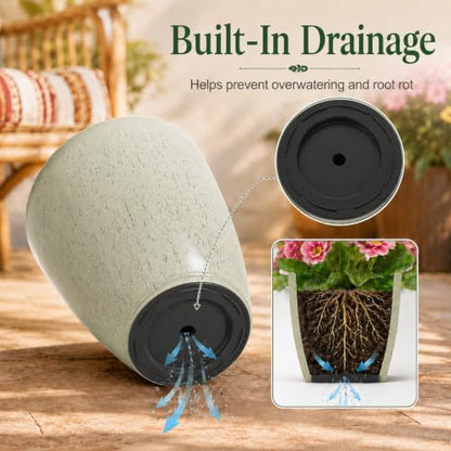 Neoaider Set of 3 Tall Planter, 24/21/12in Large Plastic Planter, DripGlaze | Ceramic-Look, Lightweight, Built-in Drain Hole, Saucers, Tall Outdoor Planter for Porch, Garden, Patio, Balcony - color: Drip Glaze
