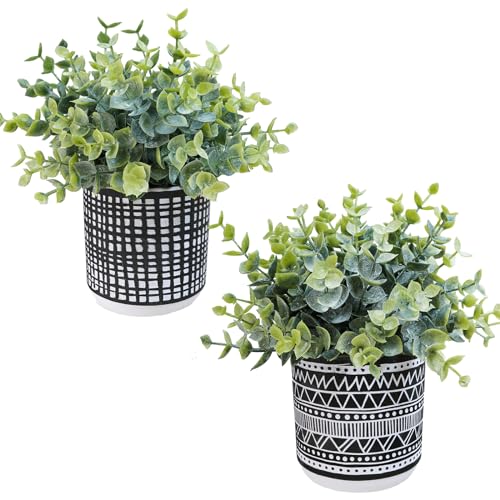 Winlyn Set of 2 Small Potted Plants Artificial Eucalyptus Plant in Black Geometric Ceramic Pots Faux Potted Greenery 7.1" Tall for Desktop Modern Home Office Living Room Kitchen Table Decorations - color: Black Pot