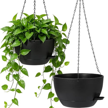 DANALLAN Hanging Planters for Indoor Plants, 2Pcs 12 Inch Self Watering Hanging Planter Basket Large Plastic Plant Holder with Removable 50 Oz Reservoir for Window Porch Garden Balcony