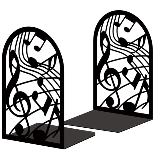 Musical Metal Book Ends Non-Skid Black Unique Bookend Decorative Heavy Book Ends for Shelves Heavy Duty Study Book Support Stoppers for Desk Musical Note 7x4.7x3.5 inch 1 Pairs/2 Pcs - style: Musical Note