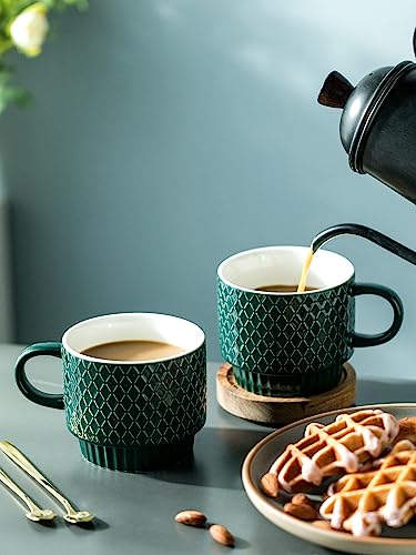 LYEOBOH Coffee Mug Set Porcelain Stackable Coffee Mugs with Stand and Spoons, 13 OZ. Cappuccino Cup Demitasse Cups for Drinks, Espresso, Latte,Set of 4, Dark Green - color: Dark Green