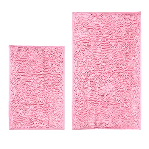 LanYunUmi Pink 2 Pieces Bathroom Rugs, Ultra Soft Non Slip Absorbent Chenille Toilet Bath Mat Set Rugs for Slip-Resistant Shag Extra and Rug Shower Room Machine-Washable Fast (Pink, 20"x32"+16"x24") - color: Pink, size: 20"x32"+17"x24"