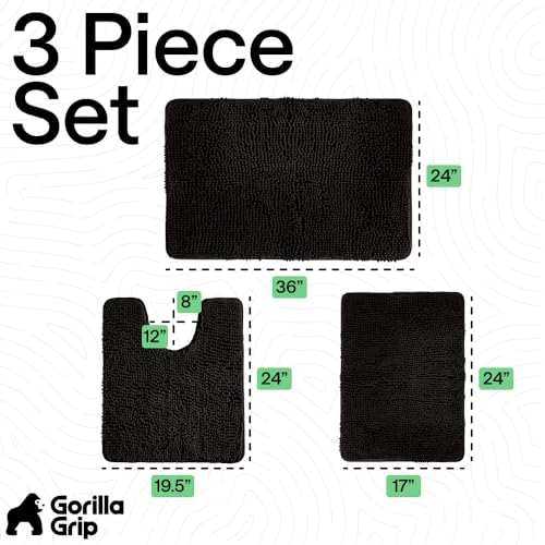 GORILLA GRIP Bathroom Rug Sets 3 Piece, Bath Mat Set and Oval Toilet Base with Rubber Backing, Plush Absorbent Shaggy Chenille Washable Mats, Includes 24x19.5, 24x17 and 36x24 Inch Rugs, Black - color: Black, style: 24"x19.5" + 24"x17" + 36"x24" - 3 Pack