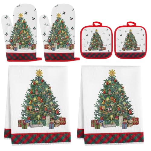 Frienda 6 Pcs Farmhouse Kitchen Decor Kitchen Dish Towels Pot Holders for Mom Her Lady Owner Baking Accessories Stuff(Christmas Tree) - style: Christmas Tree