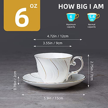 Agyiuns 6 Sets 6oz Porcelain Tea Cups Saucers，White with gold thread Tea Cups for Tea,Coffee - color: White with gold thread-set of 6