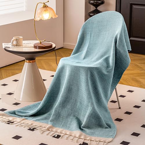 Peshtemania Premium Cotton Throw Blanket, 50x60 inches, Light Blue, Turkish Herringbone, Farmhouse Decor, Yoga Blanket, Picnic Blanket - color: Light Blue
