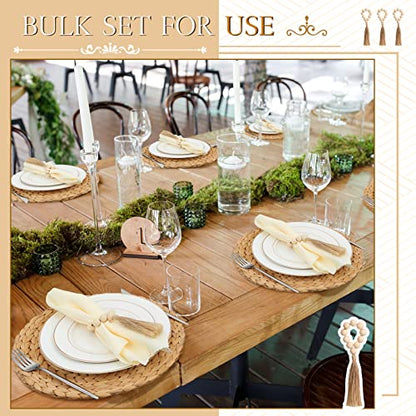 Gejoy 36 Pcs Boho Woven Placemats Wood Bead Napkin Rings with Dinner Napkins Cloth 13.8 Inch Round Water Hyacinth Placemat Farmhouse Rustic Table Chargers Wooden Dinner Ring for Wedding Thanksgiving
