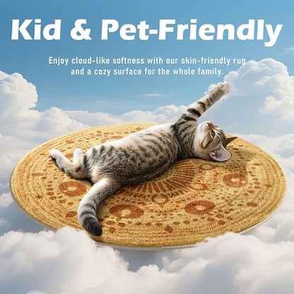 Carvapet 5ft Round Area Rug Washable Jute Style Low Pile Carpet | Stain resistant rug with non slip backing and foldable design for living rooms, bedrooms, offices and bathrooms - color: S-brown, size: 5' (Round)