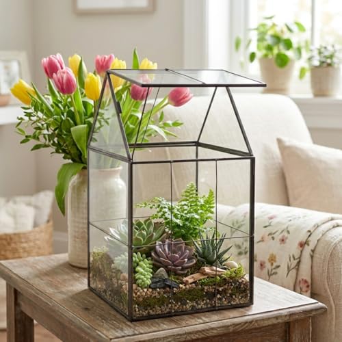 D'Eco Large Glass Plant Terrarium, Centerpiece & Wedding Letterbox Display | Tabletop Geometric Planter Terrarium, Fill with Succulents, Moss, Air Plants, Ferns, Home & Office Decor, Dims:6x5x11"