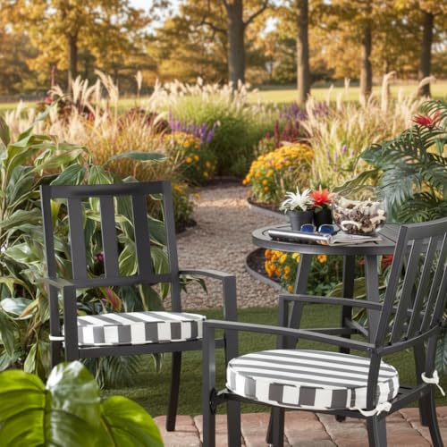 Set of 2 Outdoor 18 inch Round Patio Dining Chair Pads – Comfortable Fiber-Filled Seat Cushions with Ties, Reversible Polyester Fabric, Canopy Stripe Gray - color: Canopy Stripe Gray