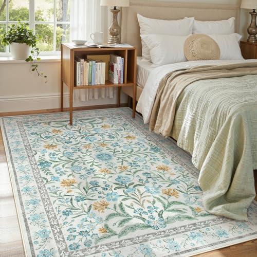 Lahome Blue 5x7 Area Rugs, Cottage Core Girls Bedroom Kids Nursery Rug | Soft Floral Non Shedding Non Slip Carpet for Dorm Playroom Living Room Decor - color: Baby Blue, size: 5' x 7' (Rectangular)