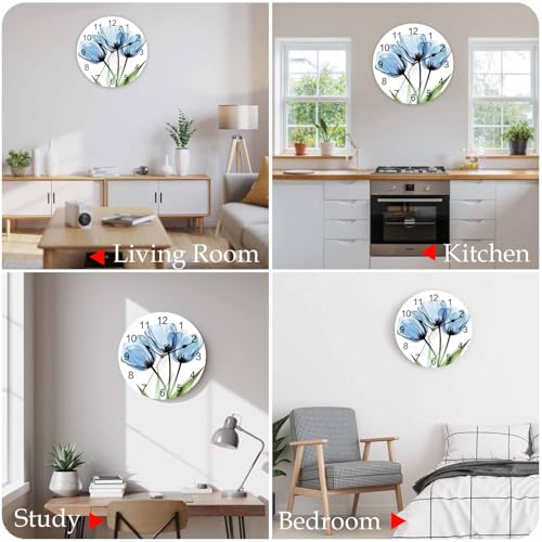 Yukro 12 Inch Blue Tulip Wall Clock, Country Flower Farmhouse Battery Operated Silent Non Ticking Clocks, Easy to Read Round Wall Clock for Kitchen/Living Room/Bedroom/Office - color: Lake Blue Green, size: 12 Inch