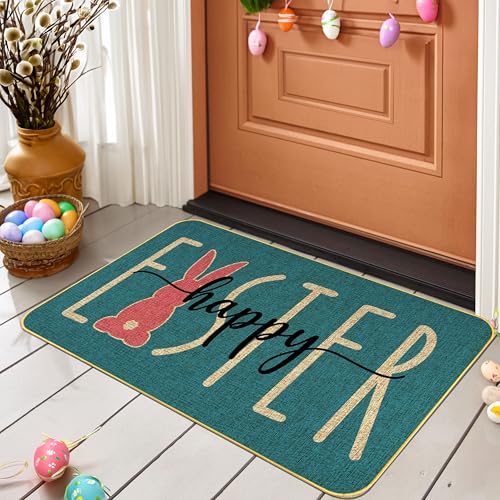 Happy Easter Decorative Welcome Door Mat, Bunny Tail Indoor Outdoor Non-Slip Rug, Rabbit Entryway Front Porch Throw for Spring Entrance Decoration, 29" x 17" - color: Blue