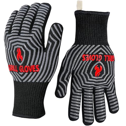 QUWIN Oven Mitts Set, Heat Resistant with Mini Oven Gloves and Hot Pads Potholders, Non-Slip Food Grade Long Oven Mitts for Kitchen Baking Cooking (Black - D)