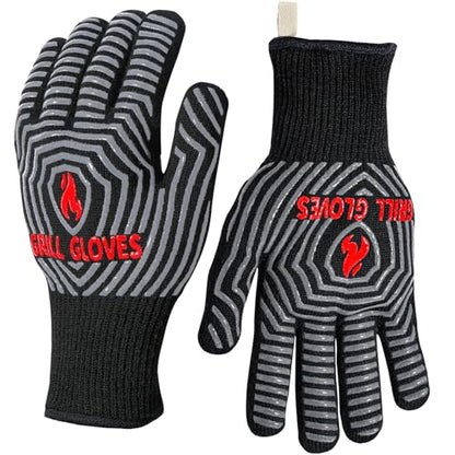 QUWIN Oven Mitts Set, Heat Resistant with Mini Oven Gloves and Hot Pads Potholders, Non-Slip Food Grade Long Oven Mitts for Kitchen Baking Cooking (Black - D)