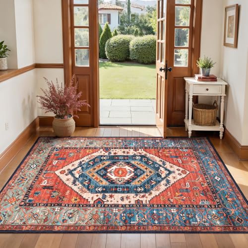 SERISSA 3x4 Washable Non Slip Boho Area Rug for Entryway，Rust | Ultra Soft Vintage Oriental Carpet Low-Pile Tribal Indoor Entrance Carpet for Kitchen Bedroom Living Room Dorm Decor - color: Rust/Multi, size: 3' x 4' (Rectangular)