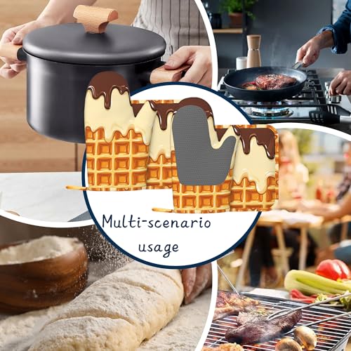 Heat Resistant Pot Holders and Oven Mitts,Funny Waffles Extra Long Kitchen Oven Mitt Set,Chocolate Cream Cotton Lining Anti-Slip Waterproof Kitchen Mittens Hot Pan Holder for Baking Cooking Grilling - color: Funny Waffles