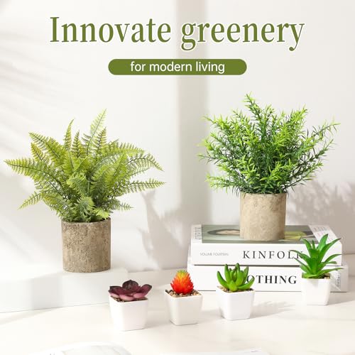 6Pcs Small Fake Plants Succulents Artificial Greenery Potted Plant Indoor | Faux Rosemary Fern Succulents in Pots, Home Room Office Desk Table Shelf Bathroom, Modern Farmhouse Decor