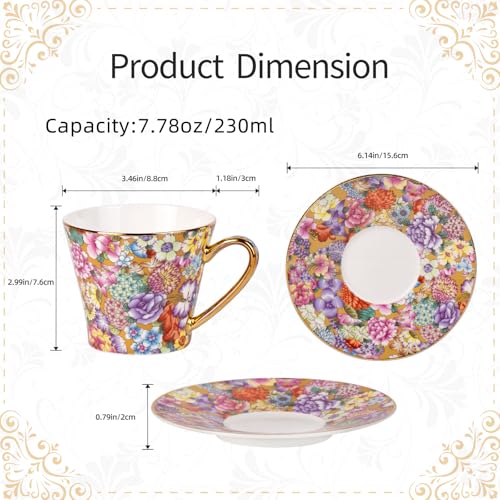 KAMMAK Tea Cup and Saucer, Ceramic Coffee Cups, 7.5 oz, Set of 2 | Porcelain Tea Cups with Saucers for Coffee and Cappuccino, Ideal for Breakfast, Afternoon Tea and Entertaining,637+638N - style: 637N+638N