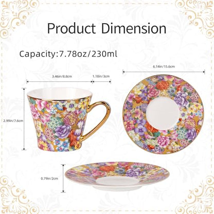 KAMMAK Tea Cup and Saucer, Ceramic Coffee Cups, 7.5 oz, Set of 2 | Porcelain Tea Cups with Saucers for Coffee and Cappuccino, Ideal for Breakfast, Afternoon Tea and Entertaining,637+638N - style: 637N+638N
