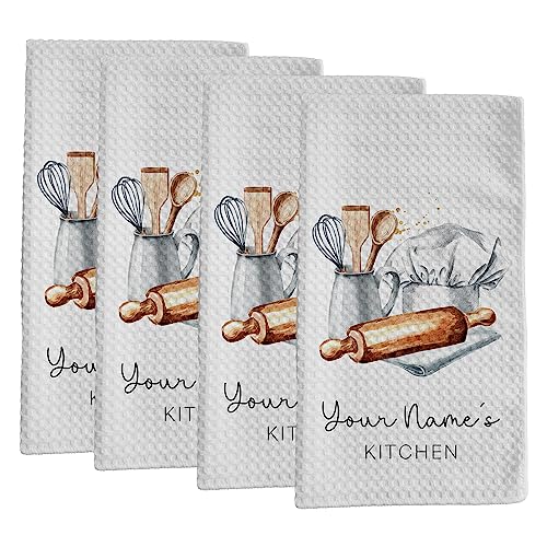 Personalized Kitchen Towel | Custom Tea Towel | Watercolor Utensil Dish Towel | Kitchen Decor | Hand Towel Gift Set | Waffle Weave Dishcloth (Pack of 4 Towels, Design 3) - size: Pack of 4 Towels, style: Design 3