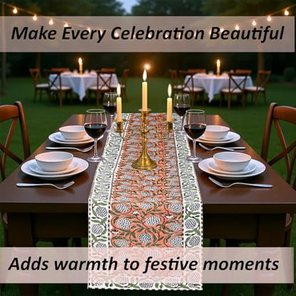 Dark Salmon Hand Block Print 100% Cotton Table Runner 16x106 Inch | Perfect for dining tables, buffets and celebrations, reusable, machine washable, Decorative Everyday Use, indoor & outdoor.