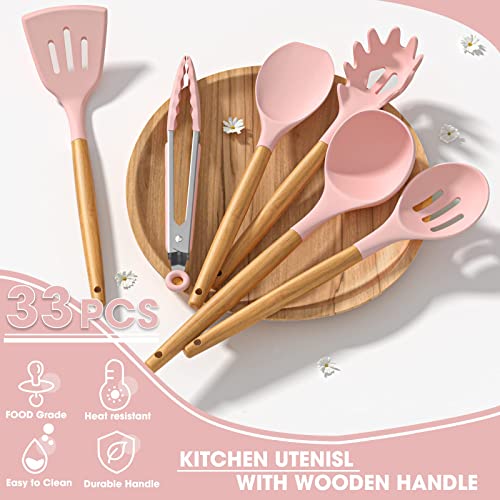 Umite Chef Silicone Kitchen Utensils Set, 33 Piece Non-Stick Kitchen Utensils with Stand, Wooden Handle, Pink - color: Pink