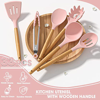 Umite Chef Silicone Kitchen Utensils Set, 33 Piece Non-Stick Kitchen Utensils with Stand, Wooden Handle, Pink - color: Pink