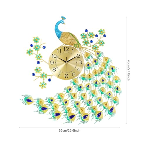 Large Peacock Wall Clock, 27.5" Luxury 3D Wall Clock Non-Ticking Silent Gold Metal Decorative Wall Clock Art Digital Wall Decor for Living Room Bedroom Office - size: 25.59*27.56in