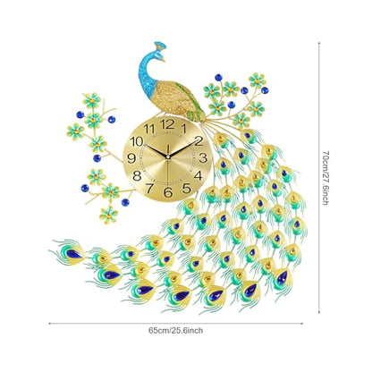 Large Peacock Wall Clock, 27.5" Luxury 3D Wall Clock Non-Ticking Silent Gold Metal Decorative Wall Clock Art Digital Wall Decor for Living Room Bedroom Office - size: 25.59*27.56in