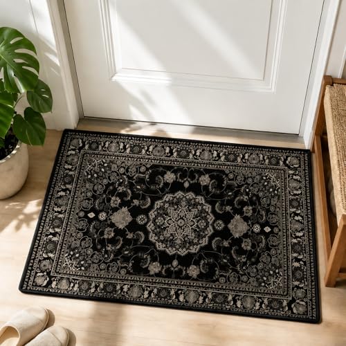 Vintage Boho Entryway Rug 2x3 Small Door Mat Indoor Entrance Machine Washable Area Rug Non-Slip Low Pile Throw Rugs for Entryway, Kitchen, Bedroom, Bathroom, Front Door Indoor Entrance, Entry Decor - color: Black, size: 2' x 3' (Rectangular)