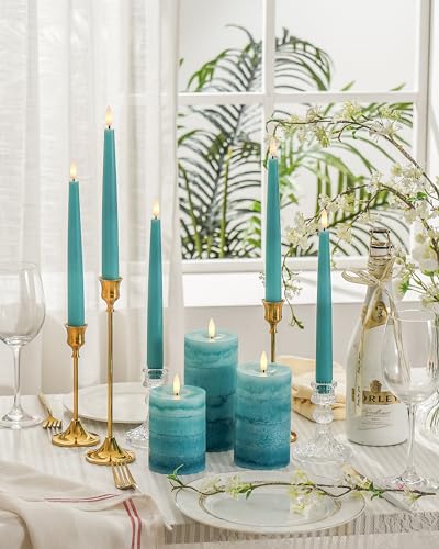 Stmarry Gradient Teal Flameless Candles with Remote and Timer, Real Wax Made LED Pillar Candles Battery Operated with 3D Flickering Flame - 3" x 4",5",6" - Set of 3 Turquoise Candles - color: Gradient Teal