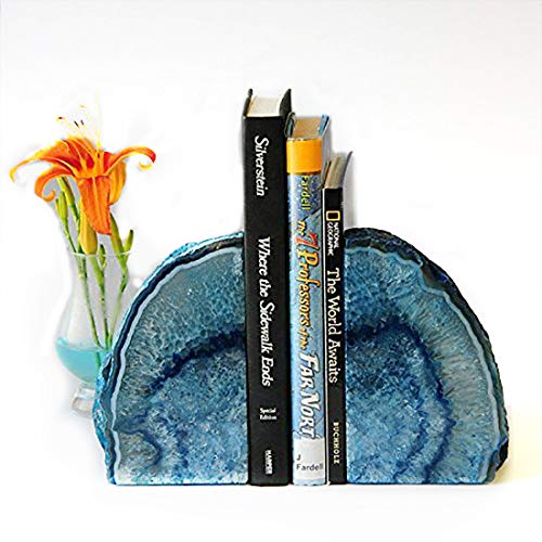 JIC Gem Blue Agate Geode Bookends Heavy Duty Rubber Bumpers 1 Pair 4-6 Lbs | Large Heavy Duty Crystal Book Stoppers Decorative Book Supports Book Holders for Bookshelf Home Office Desktop Crystal Decor - color: Blue Dyed, size: 4-6LBS.