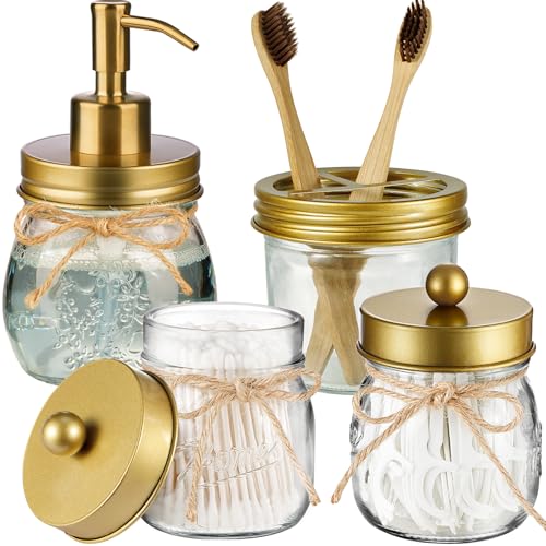 Amolliar Mason Jar Bathroom Accessories Set 4 Pcs -Lotion Soap Dispenser & 2 Qtip Holders & Toothbrush Holder - Rustic Farmhouse Decor, Bathroom Home Decor (Gold) - color: Gold