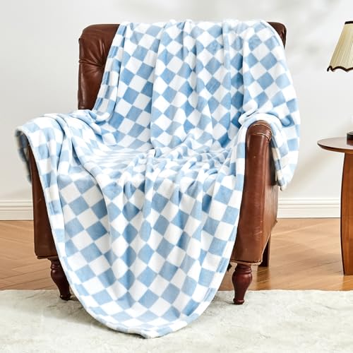 Edenleaf Blue Checkered Fleece Throw Blanket for Bed Cozy Warm Home Decor | Ultra Soft Fuzzy Blanket for Couch Sofa, Fluffy Lightweight Throw for Travel, Holiday Gifts for Women, All Seasons, 60"x80" - color: 01 Blue, size: Blanket-60"x80"