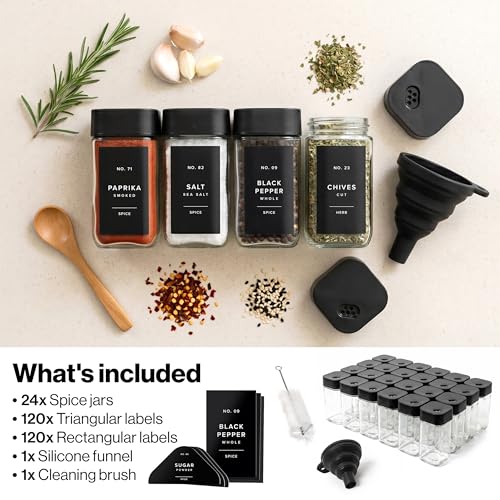 Square Glass Spice Jars with Label and Black Rotating Lids (24 x 4oz) Spice Containers with 240 Labels, Shaker Inserts, Silicone Funnel, Empty Square Empty Square Seasoning Organizer